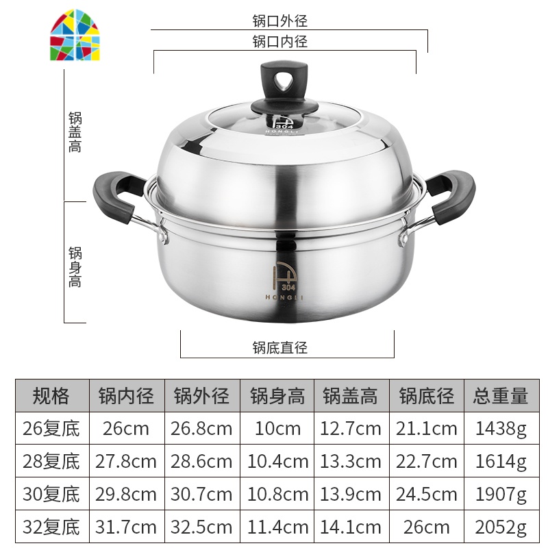 蒸锅304不锈钢家用复底加厚单层大容量海鲜汽蒸锅30cm鱼锅桑拿锅 FENGHOU 30cm复底汤蒸锅高清大图