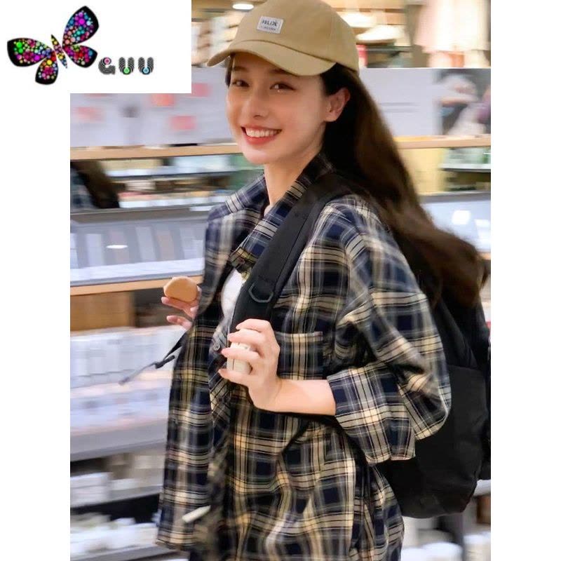 语娄2023早秋季新款设计感宽松复古蓝色格子衬衫女款长袖衬衣外套上衣图片