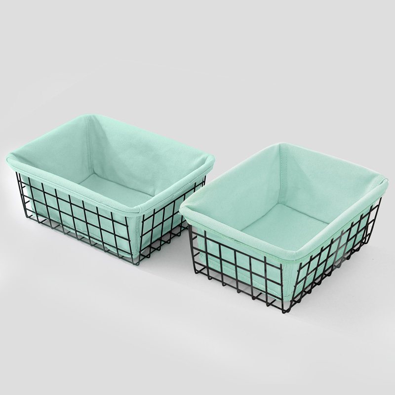 家柏饰(CORATED)桌面布艺面膜杂物收纳筐北欧风创意铁架子篮子茶几钥匙收纳篮铁艺 超值2个装-黑色铁框+薄荷绿衬布