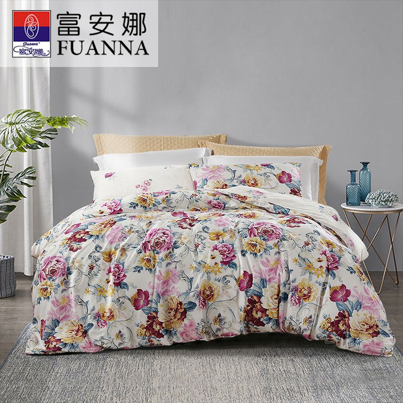 富安娜(FUANNA)家纺全棉四件套纯棉1.8米双人床上用品1.5米正品田园风床单被套花韵嫣然