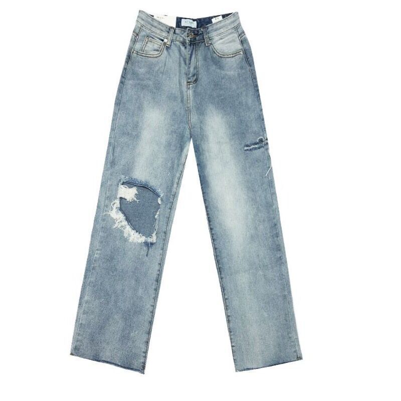 恋名媛大码女装夏季九分裤胖妹妹显瘦裤子高腰宽松直筒烂牛仔裤女破洞