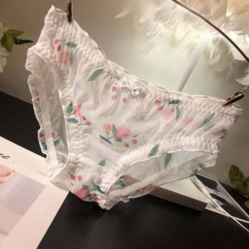 波迷娜(BOMINA)雷丝内裤女全透明日系少女莓图案女士内裤性感网纱蕾丝透明中低腰女学生底裤