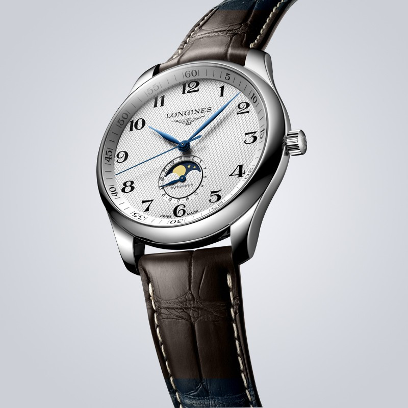 浪琴longines瑞士手表master名匠系列多功能月相小蓝针复古皮带机械表