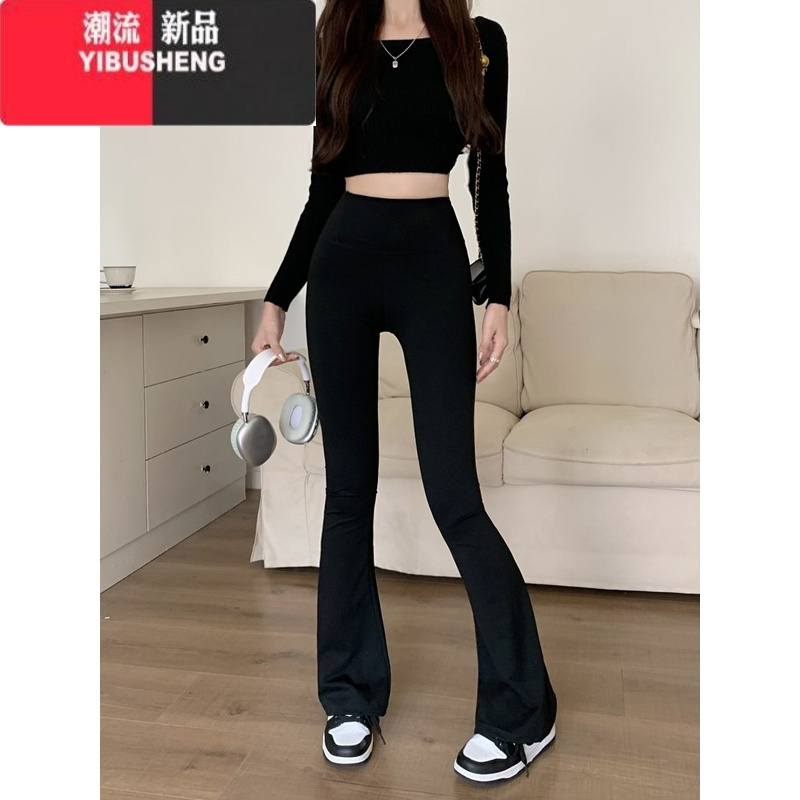 高腰紧身显瘦休闲裤女装秋装新款灰色弹力直筒裤微喇叭裤裤子长裤