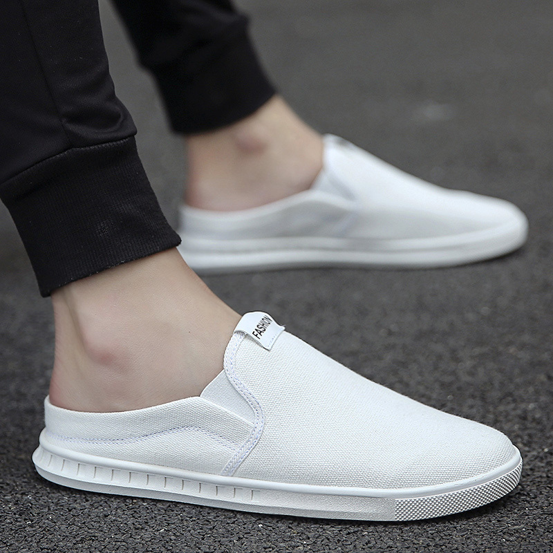 枫述帆布鞋男韩版休闲半拖布鞋白色潮流2021春季新款小白一脚蹬懒人鞋