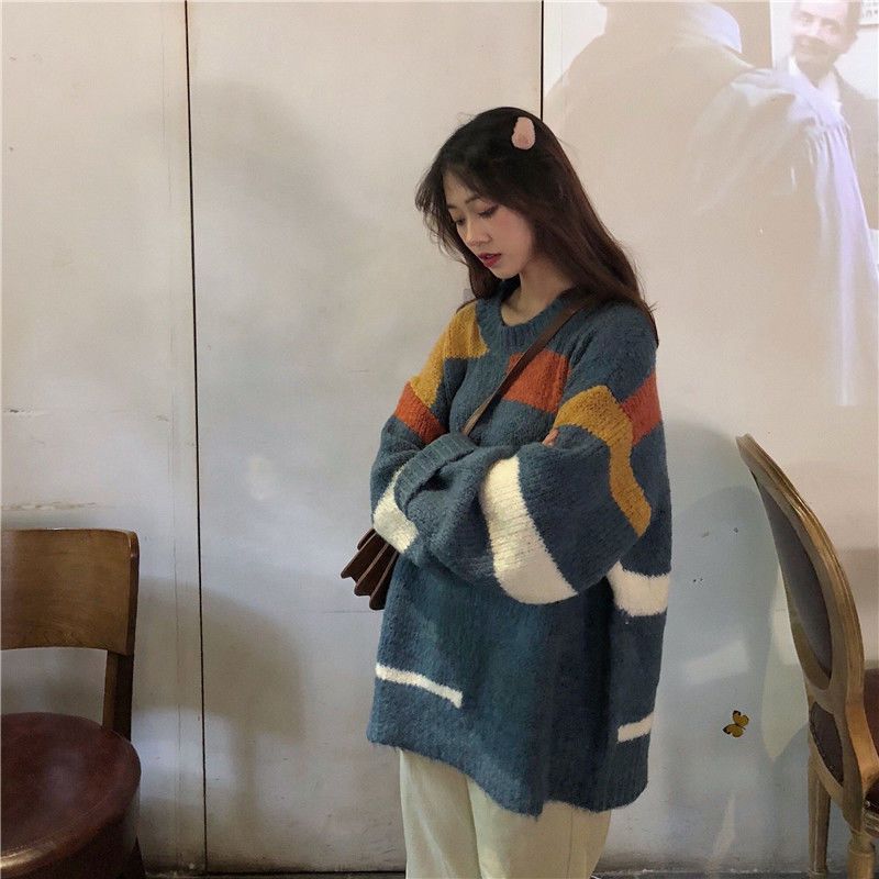 秋冬新款原宿风韩版拼接条纹中长款套头毛衣女学生宽松针织衫外套