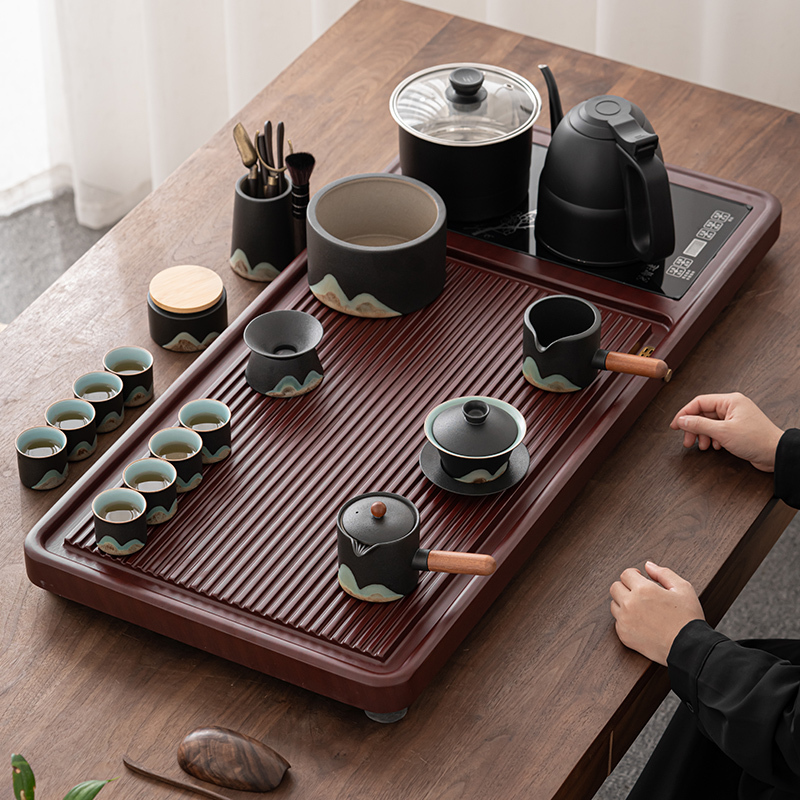 苏氏陶瓷(SUSHI CERAMICS)茶具套装电木色款自动烧水壶一体配整套国潮风釉画彩千里江山茶杯