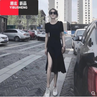 YIBUSHENG性感裙子小黑裙女季2024年新款开叉莫代尔长袖小心机连衣裙长款 S 1026*黑色