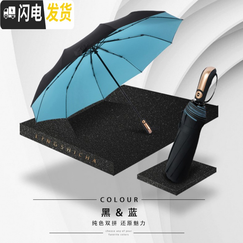 三维工匠12骨雨伞折叠全自动超大号太阳伞男女双层晴雨伞双人三人防晒两用 10骨-双层大号-内蓝2-3人