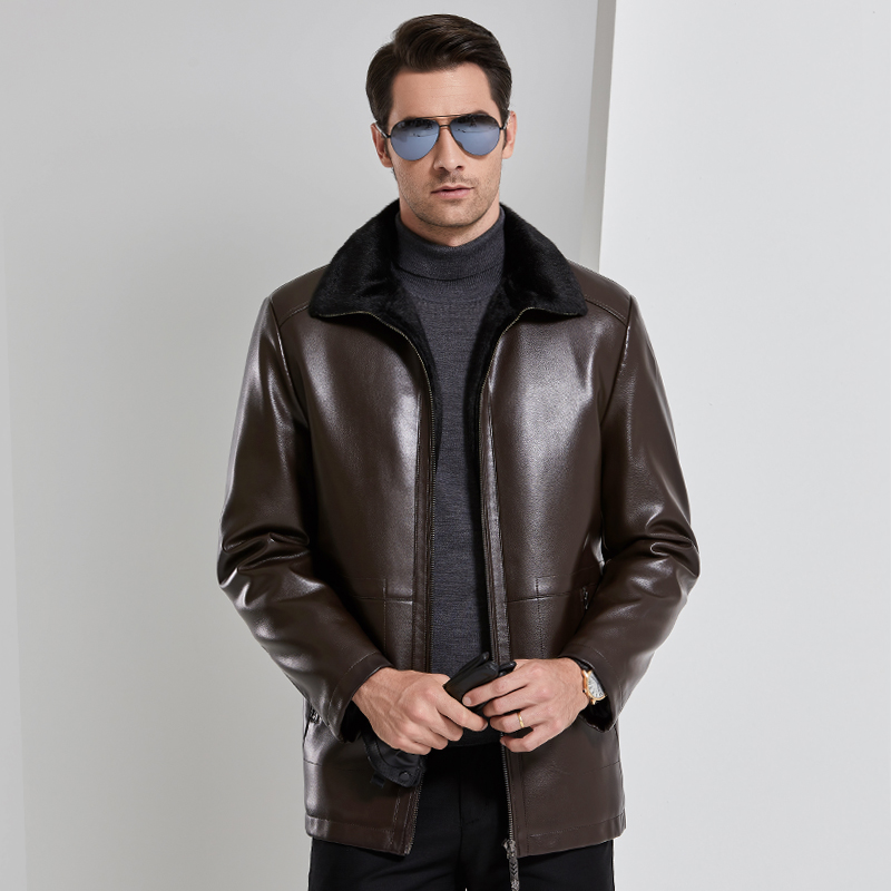 免费试穿 高端皮草 海宁雪兔绒皮毛一体男 春秋新款男式中长款真皮皮衣依诺柏尼品牌男士商务大码真皮外套爸爸装高清大图