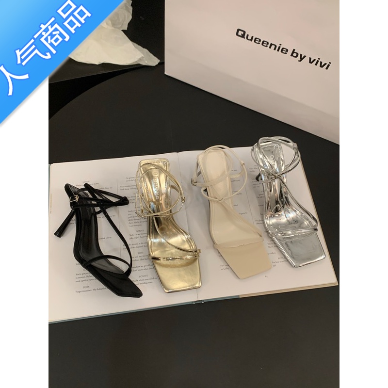 SUNTEK法式小众高跟凉鞋仙女鞋子2023年新款夏季气质黑色细跟绑带罗马鞋高清大图