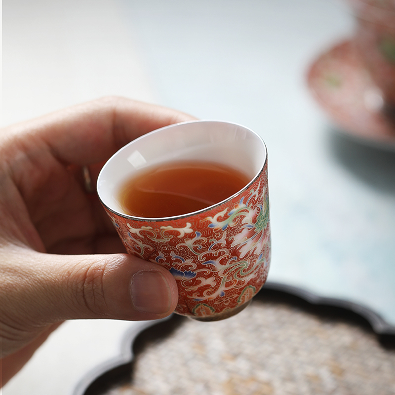 元青整套茶具(MULTIPOTENT)陶瓷功夫茶具套装清心盖碗组掐丝银彩(锦绣人生)红 黄旭东大师金奖作品高清大图