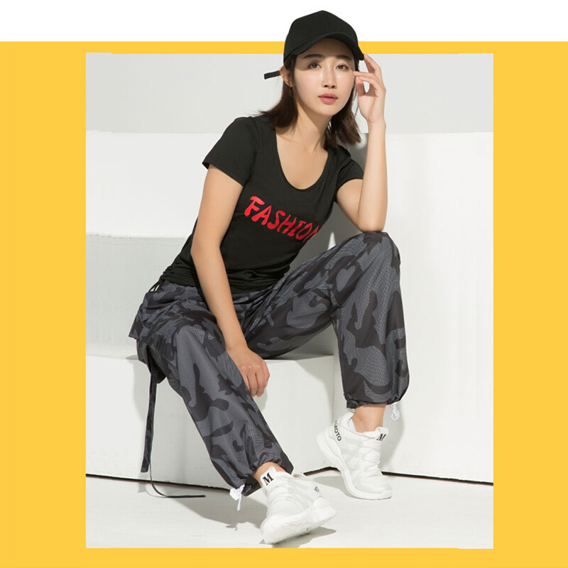 夏季健身演出服女短袖速干健美运动套装广场舞宽松大码舞蹈服装