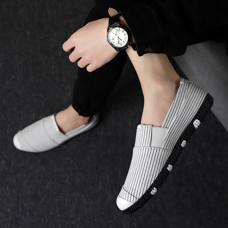 述雅豆豆鞋男韩版春季休闲鞋男潮流男鞋子透气社会人条纹布鞋男懒人鞋