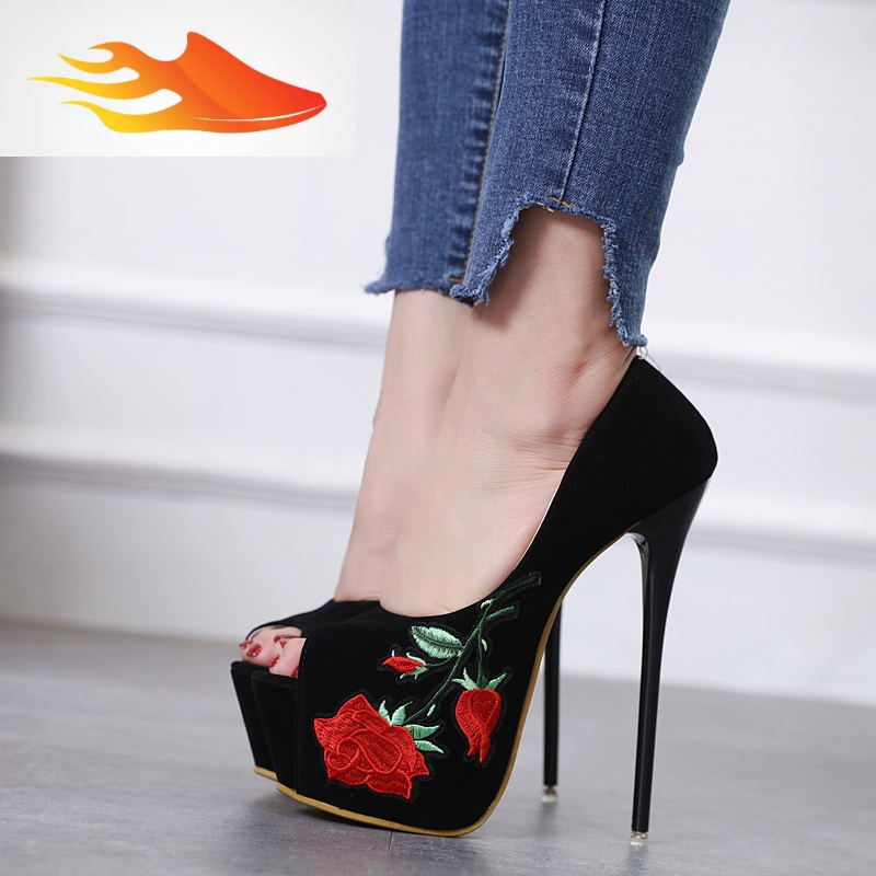 fishbasket黑色性感细跟恨天高夜店鱼嘴女鞋15cm超高跟防水台16cm女单