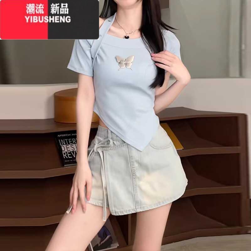 YIBUSHENG大码不规则挂脖短袖T恤女2024季新款胖mm宽松显瘦甜辣收腰上衣高清大图
