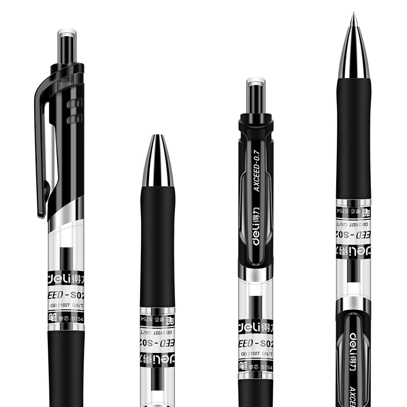 得力按动中性笔S02黑色办公商务签字水笔进口油墨0.7mm 黑色12支装