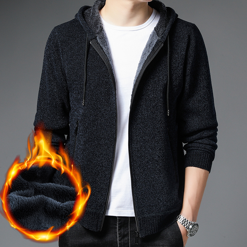 花花公子加绒开衫毛衣外套男士针织衫加厚连帽时尚休闲大码外穿衣服