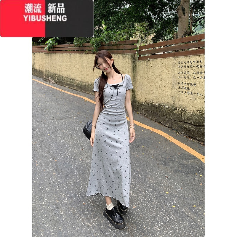 YIBUSHENG假两件蝴蝶结印花短袖连衣裙女季气质蕾丝花边收腰显瘦A字长裙