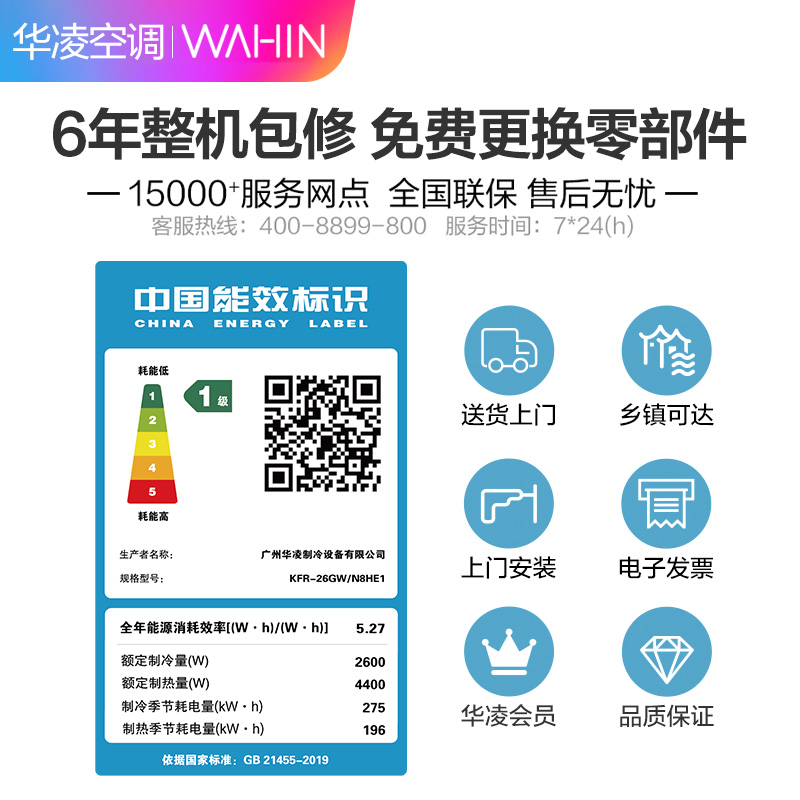 华凌空调 1匹新能效一级变频挂机自营 智能冷暖家用挂壁式KFR-26GW/N8HE1高清大图