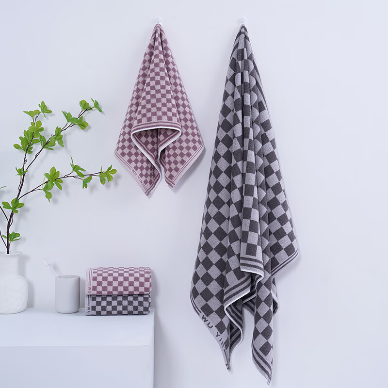 无印良品旗牌格纯棉毛巾(一毛一浴套装)MJ-zu0670灰小格