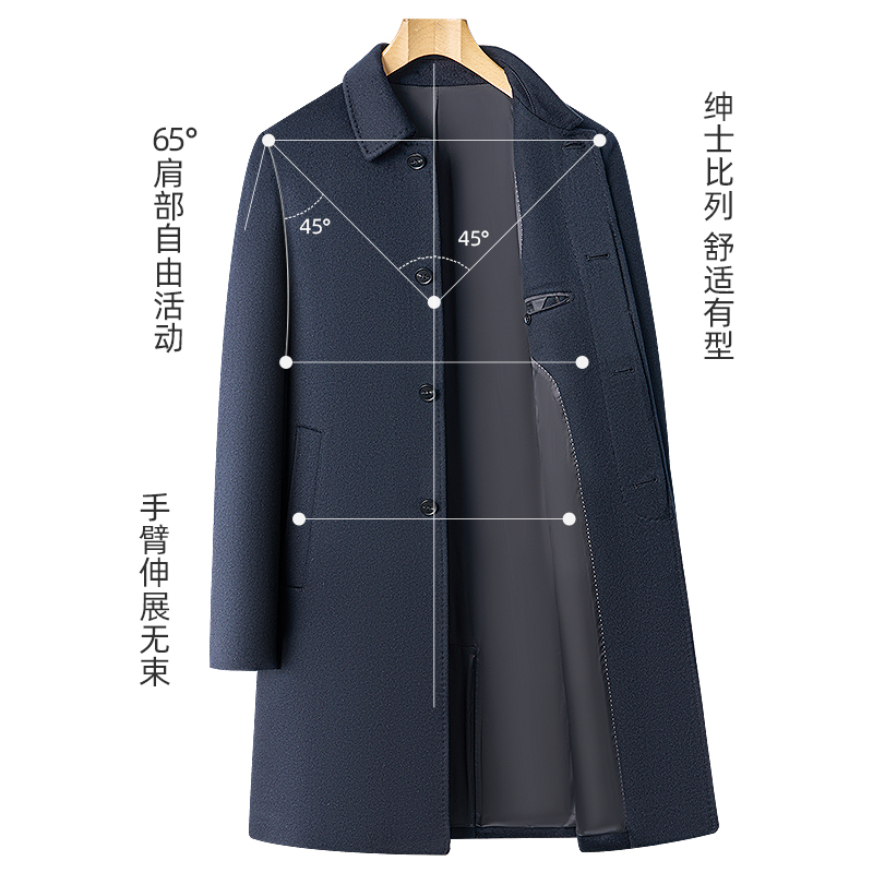 恒源祥2024秋冬新款男士中长款外套羊毛呢加厚风衣爸爸羊绒大衣男高清大图