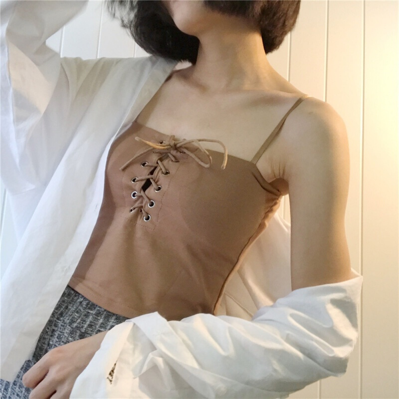 2018春装新款小心机胸前交叉松紧绑带性感带背心女打底衫咖啡色均码