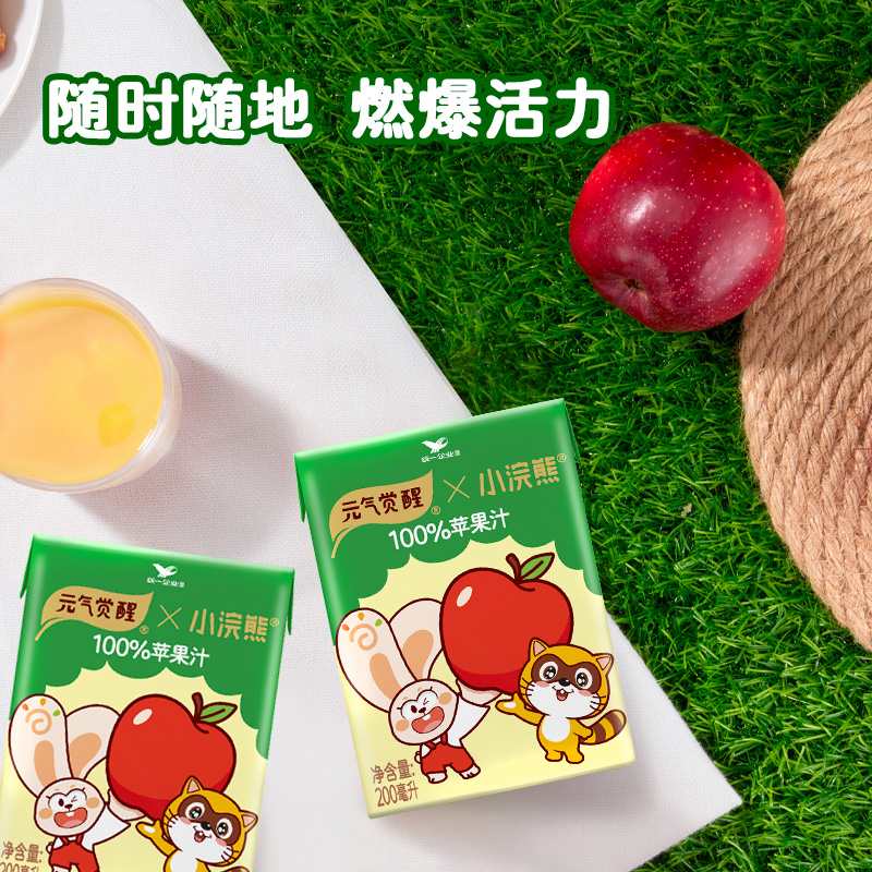 小浣熊联名]统一元气觉醒100%桃味苹果味便携装200ml*24盒整箱混合果汁饮料高清大图