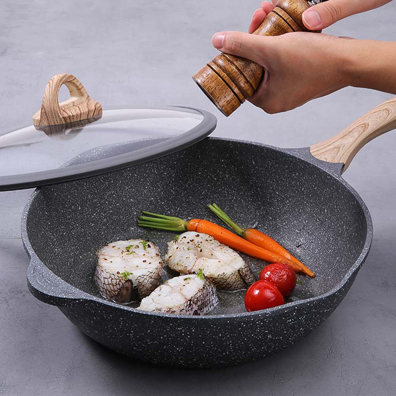 Jeetee吉特不粘少油烟麦饭石不粘锅煎炒锅平底锅煎锅家用炒菜锅具32cm电磁炉燃气灶通用MFSJ002-32G硅胶锅盖高清大图