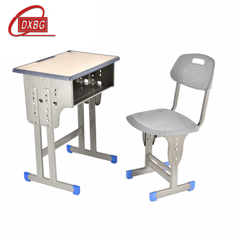 DXBG中小学生课桌椅学校培训班辅导班课桌升降儿童书桌学习课桌椅套装【工厂现做 7天内发货】 单人灰边双柱桌配加固塑料靠背款