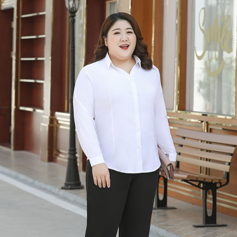 艳如飞胖mm超大码短袖衬衫加肥加大雪纺白色200斤宽松弹力肥婆职业