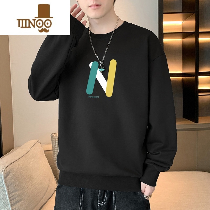 YANXU长袖t恤男款宽松潮牌印花休闲圆领卫衣外套男士上衣服打底衫 XL约120-140斤可穿 黑色