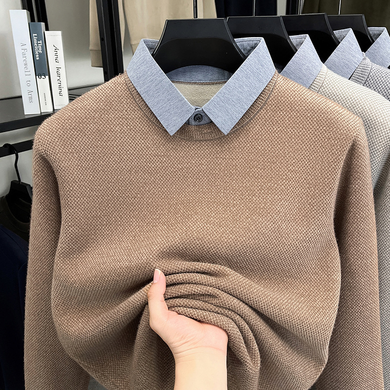 加绒雪貂假两件男士毛衣2025秋冬季新款纯色翻领保暖打底针织衫男高清大图