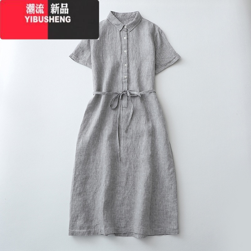 YIBUSHENG季新款2023大码宽松日系棉麻短袖连衣裙女士系带收腰显瘦衬衫裙