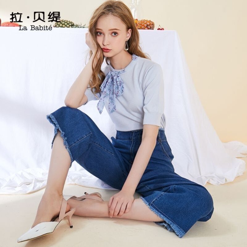 拉夏贝尔拉贝缇牛仔裤女装夏季新款高腰宽松九分直筒火cec