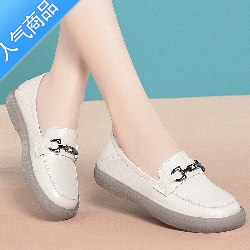 SUNTEK乐福鞋女2023秋季新款女鞋平底软底豆豆单鞋牛筋底休闲妈妈小白平高清大图