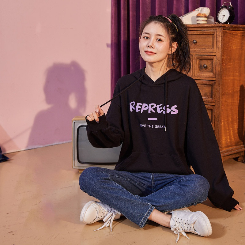 唐狮加绒卫衣女秋冬新款韩版连帽前胸印花卫衣宽松时尚百搭ins