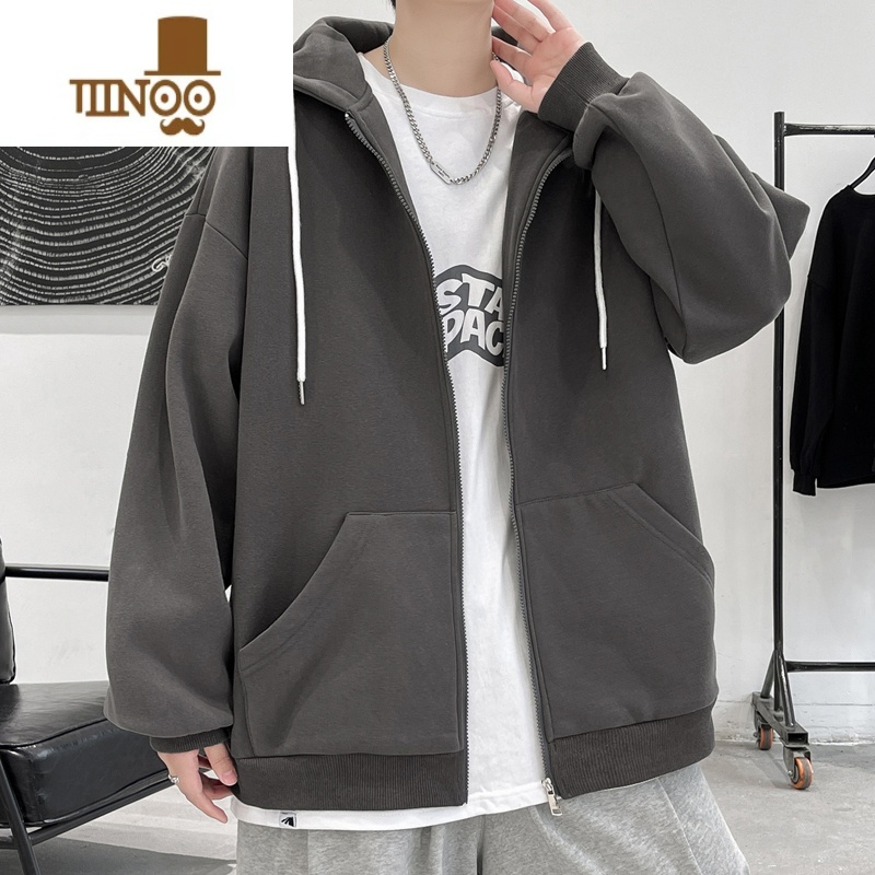 YANXU拉链开衫外套男纯色冬季加绒青少年帅气休闲宽松连帽季休高清大图