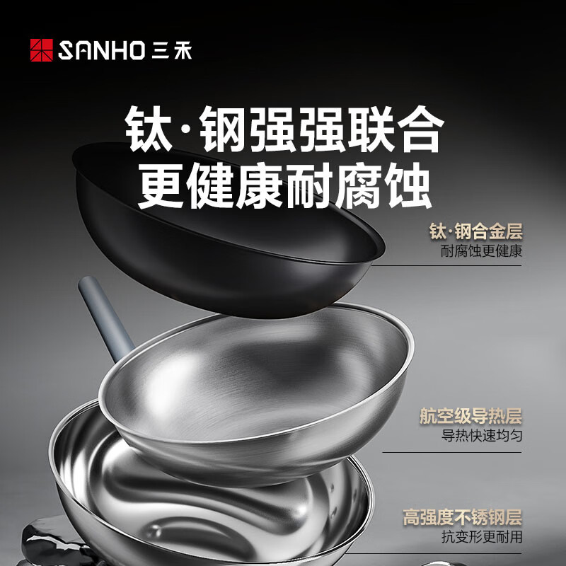 三禾(SANHO) 0涂层钛·钢锅持久不粘耐用防烫炒锅多炉灶使用炒菜锅 30cm LC30S16高清大图