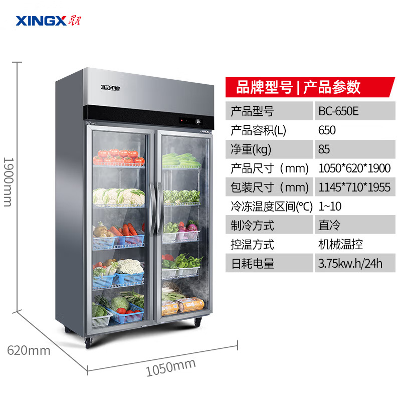 星星(XINGX)厨房冰箱商用双门展示柜全冷藏冰柜商用立式不锈钢餐饮店后厨BC-650E
