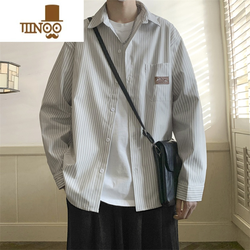YANXU日系cityboy条纹翻领衬衫男春季宽松百搭青少年衬衣潮牌bf风外套