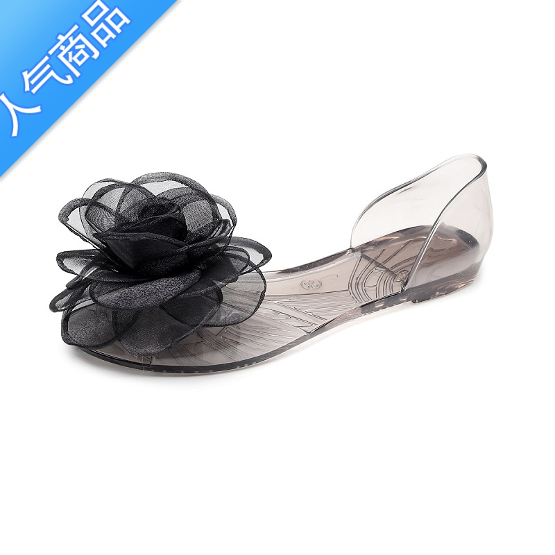 SUNTEK网红韩版新款果冻凉鞋夏女平底大花朵鱼嘴透明水晶塑料平跟夏U明高清大图