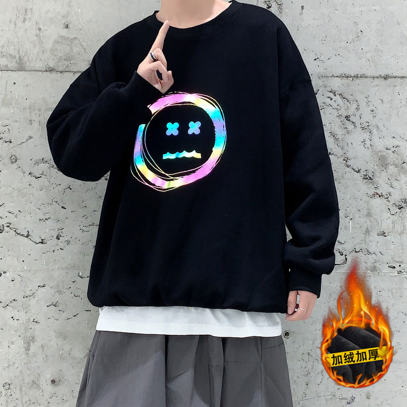 日系风格穿搭白色卫衣男oversize盐系笑脸高街反光上衣情侣装秋装 W01/黑色加绒 S