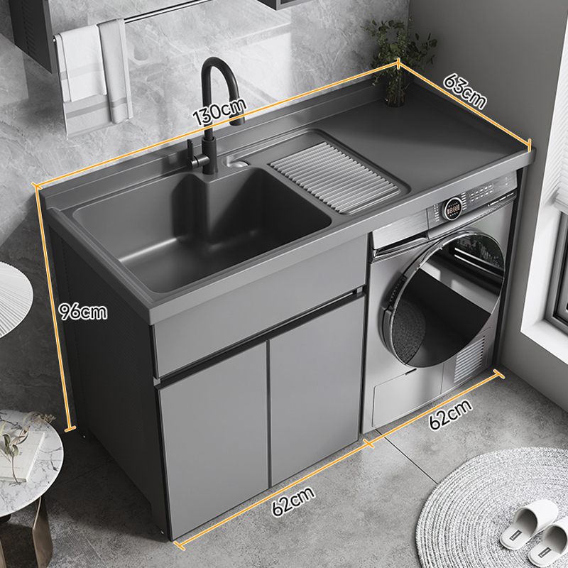 [免费安装]洗衣机柜可定制太空铝石英石一体阳台浴室柜带搓板台盆柜组合洗衣柜伴侣 130CM左盆