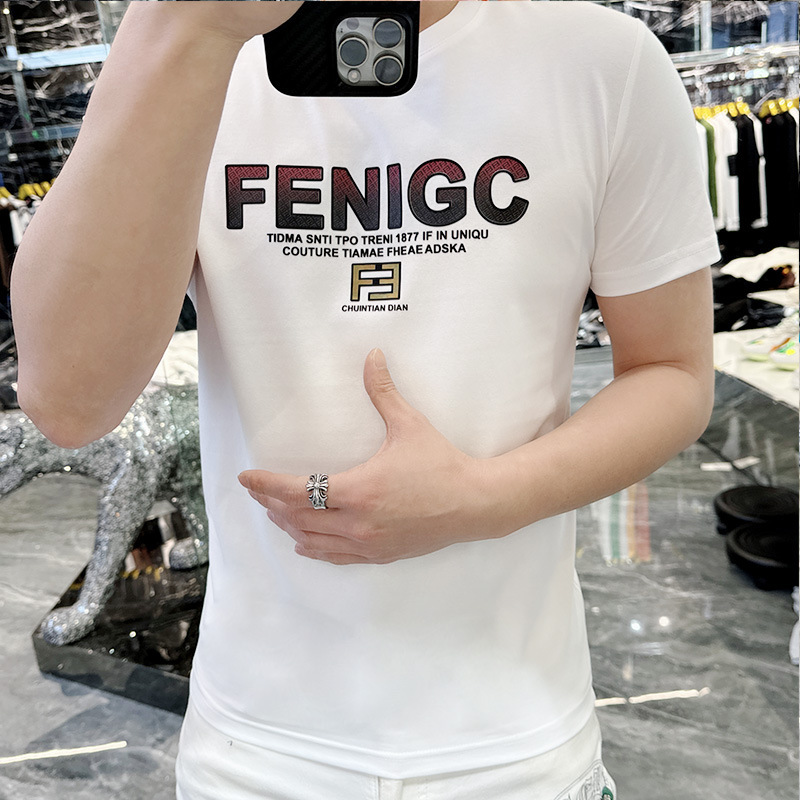 欧洲站2024男士短袖t恤夏季新款潮牌修身圆领烫钻印花半袖体恤衫