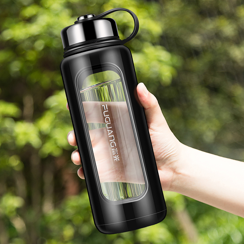 fga大容量玻璃杯带盖水杯男便携运动过滤茶杯双层杯子号黑色pp盖800ml