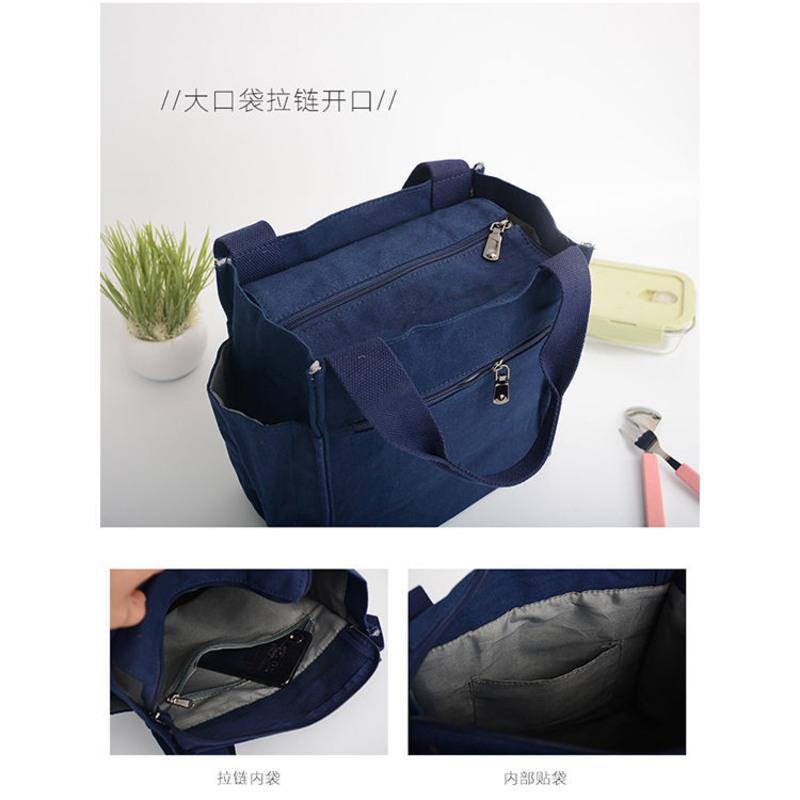 带水杯位的帆布手提袋便当包妈咪包妈妈包外出大容量带饭包饭盒袋 藏蓝色