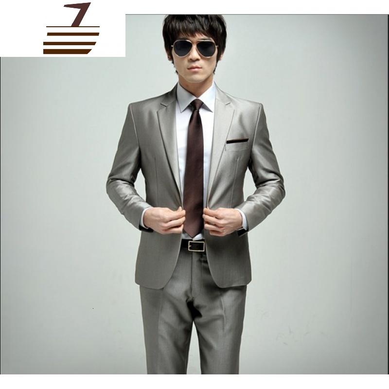 newlake定制韩版银色亮面男士一扣修身新郎结婚礼服商务西服西装套装