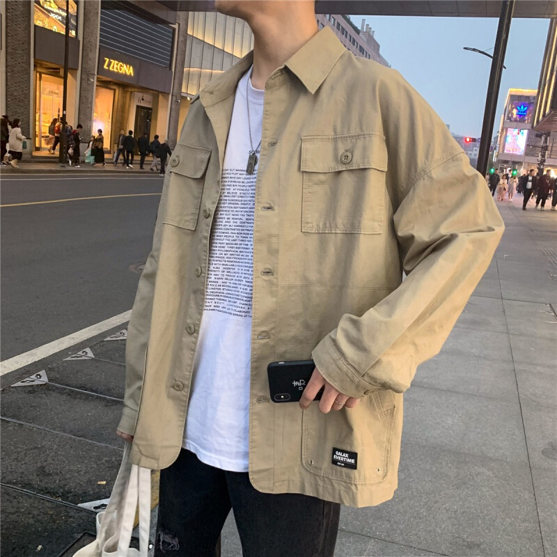 梵克公牛春春季2021流行牌工装外套男宽松衬衣流ins长袖衬衫视频
