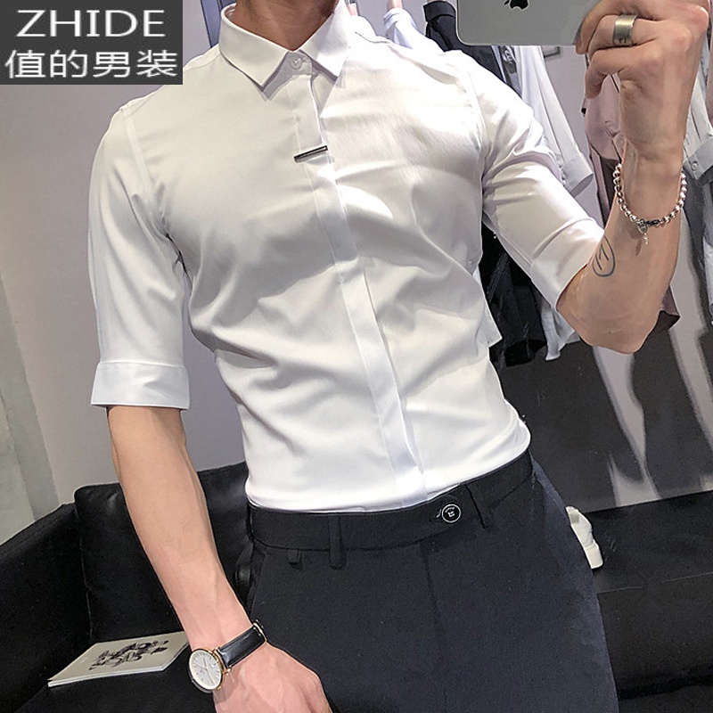 SUNTEK男士短袖衬衫休闲韩版潮流帅气高级感修身痞帅冰丝7七分中袖衬衣衬衫高清大图